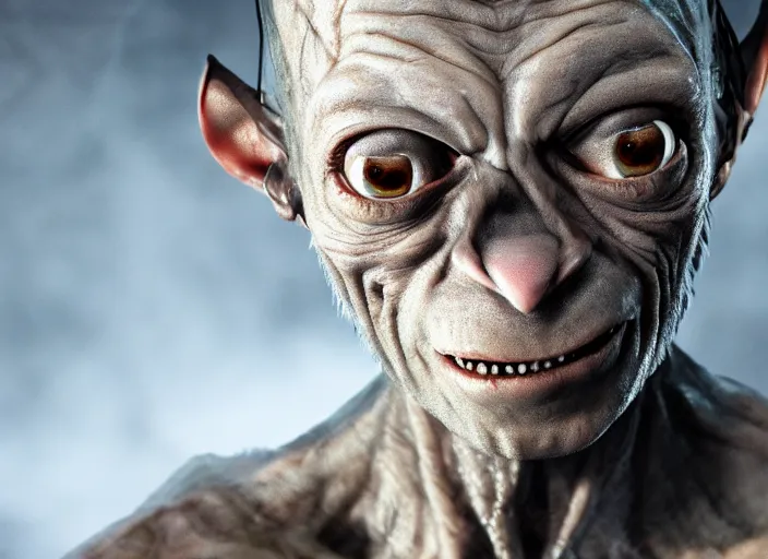 Image similar to ice poseidon playing as Gollum in The Hobbit (2012) , 35mm photography, highly detailed, cinematic lighting, dystopian, grunge 4k