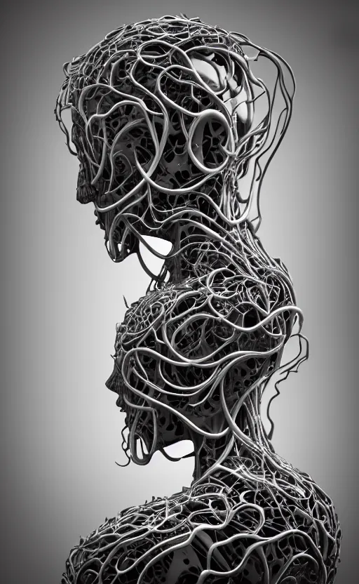 Prompt: black and white complex 3d render of 1 beautiful profile woman porcelain face, vegetal dragon cyborg, 150 mm, sinuous silver ghost orchid stems, roots, leaves, fine lace, maze-like, mandelbot fractal, anatomical, facial muscles, cable wires, microchip, elegant, highly detailed, black metalic armour with silver details, rim light, octane render, H.R. Giger style, David Uzochukwu