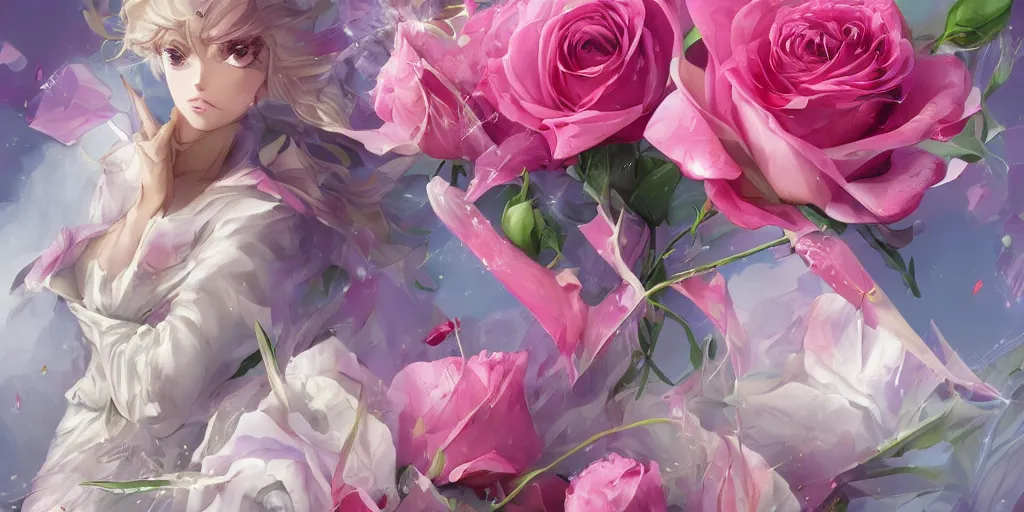 Prompt: magic invisible blade slicing through a bouquet of white and pink roses, flowers exploding and spraying, big puffy clouds, sharp cuts, large rose petals, lotus petals, large polygonal background elements, large polygons, dramatic anime, dramatic radiant lighting, artgerm, manga, trending on artstation, art nouveau, mature colors