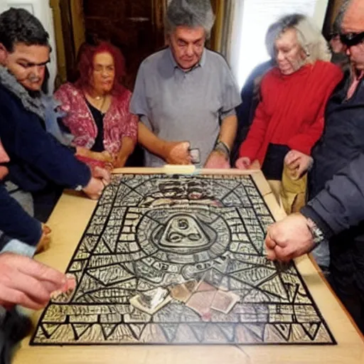 Prompt: Romani Prodi summoning spirits with an Ouija board