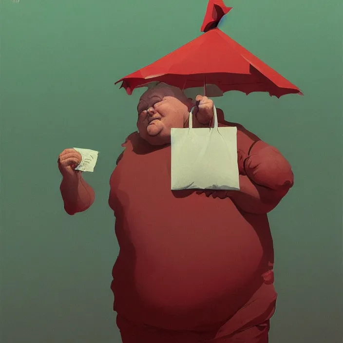 Image similar to melting old fat man portrait with a white paper bag over the head, dressed in red paper bags, holding stack of green paper bags, highly detailed, artstation, art by ian mcque, ilya kuvshinov, zdislav beksinski, wayne barlowe, edward hopper