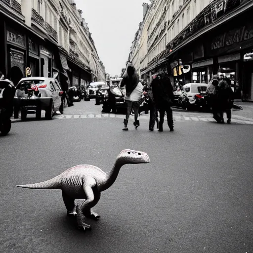 Prompt: french dinosaur walking in the streets of paris, 3 5 mm