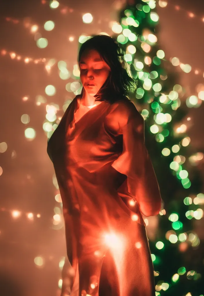 Image similar to photograph of a beautiful woman illuminated by red and green light , night , 85 mm f1.4