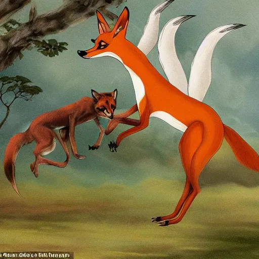 Prompt: a mexican greyhound flaps its wings dramatically as a crafty fox jumps out from behind a tree to take it down, fantasy art