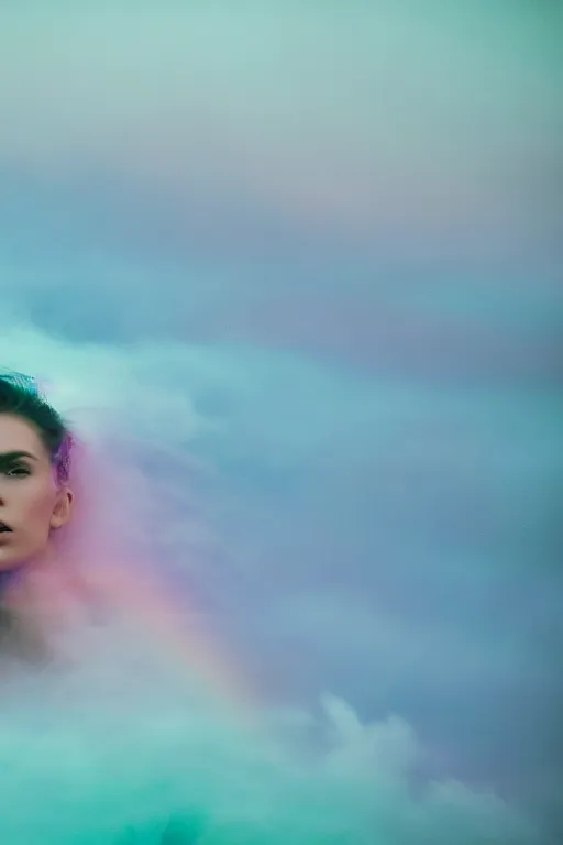 Image similar to high quality pastel coloured film close up wide angle photograph of a model wearing clothing resting on cloud furniture in a icelandic black rock!! environment in a partially haze filled dreamstate world. three point light, rainbow. photographic production. art directed. pastel colours. volumetric clouds. pastel gradient overlay. waves glitch artefacts. extreme facial clarity. 8 k. filmic.