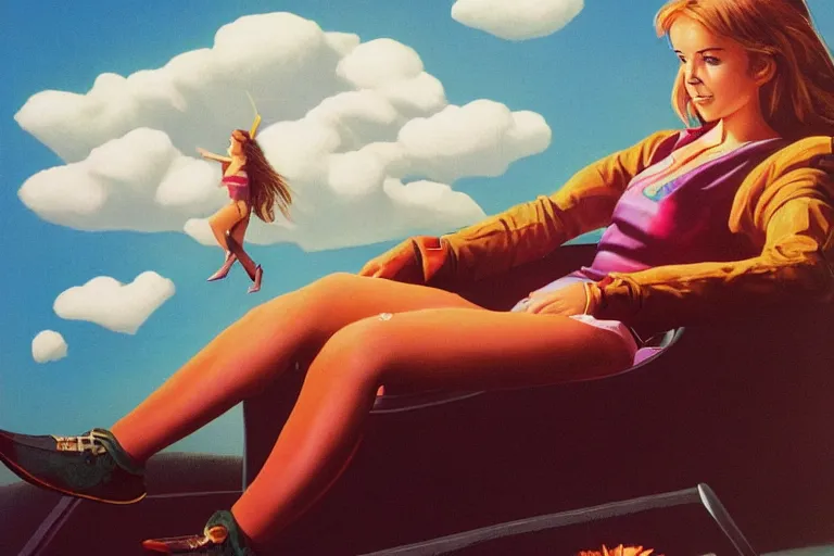 Image similar to a beautiful girl relaxing on a cloud by angus mckie, portrait,