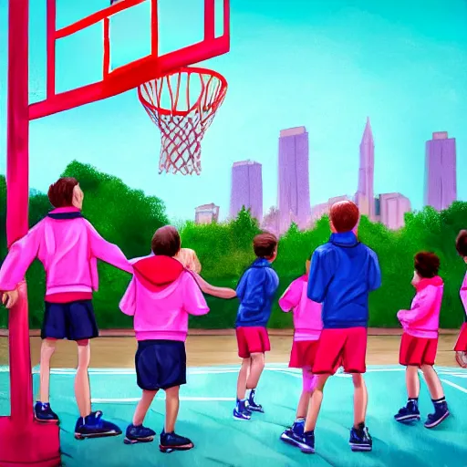 Image similar to tall woman wearing a blue jacket and pink shorts playing basketball against a group of kindergarteners, complete detailed body, city in background, moody atmosphere, digital art, highly detailed, high contrast, beautiful lighting, award winning, trending on art station, photorealistic, 8 k,