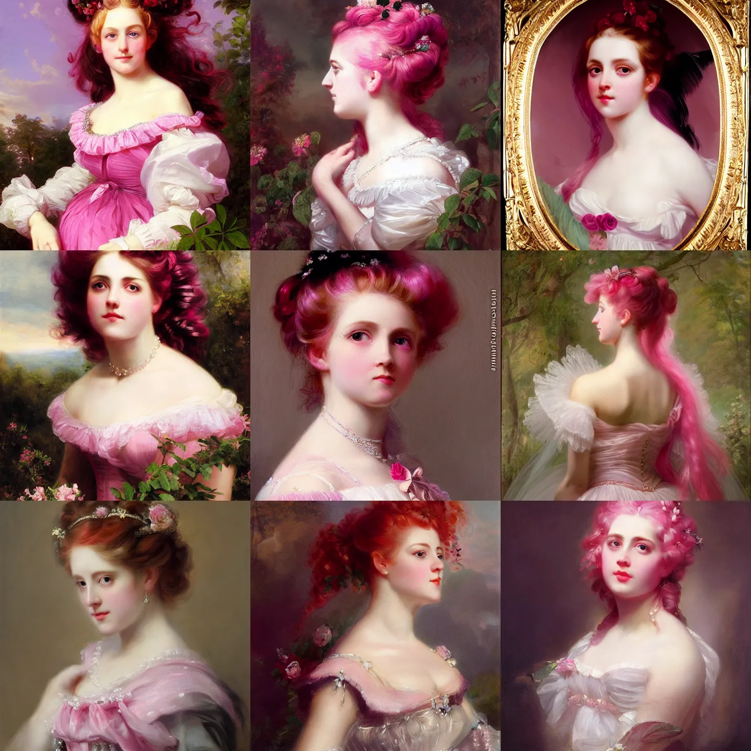 Prompt: a portrait of a beautiful Pink hair girl,Diamonds Blaze,Rose twining,luxuriant,dreamy, eternity, romantic,highly detailed,in the style of Franz Xaver Winterhalter, highly detailed,in the style of Aetherpunk