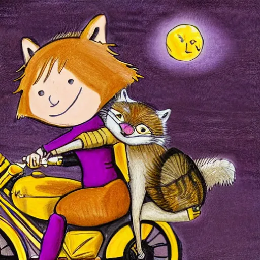 Image similar to a highly detailed drawing by s. gahan wilson of a slender beautiful woman with straight ginger hair and bangs, wearing purple leathers and gold helmet, posing with large ginger tabby and raccoon on a motorcycle in front yard, holding toasted brioche bun, dramatic lighting