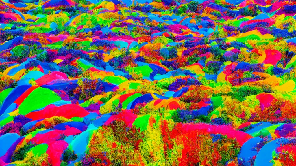 Image similar to a photograph of a crazy unexpected landscape, bright colors, detailed