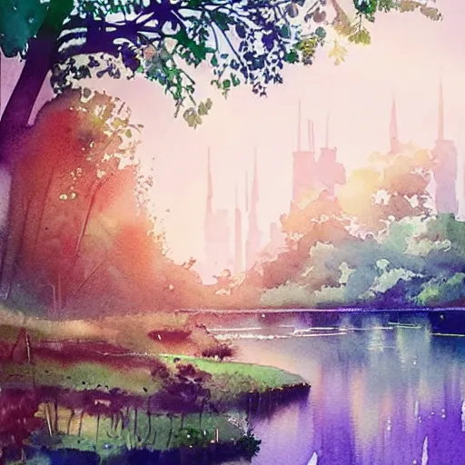 Image similar to Beautiful happy picturesque charming sci-fi town in harmony with nature. Beautiful light. Water and plants. Nice colour scheme, soft warm colour. Beautiful artistic watercolor by Lurid. (2022)