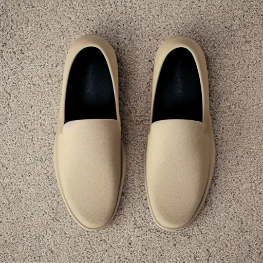 Prompt: a distinctively curved silhouette desert sand color shoe, upper of the shoe is made from a lightweight foam material, which gives the shoe its unique look. the foam material used on the midsole and outsole of the shoe, foam - based slip - on shoe, looks like a crocs, studio lighting, studio portrait