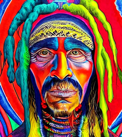 Prompt: Portrait painting in a style of Alex Grey of an old shaman dressed in a colorful traditional clothes.