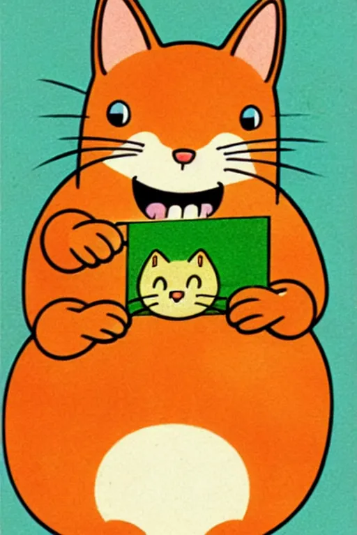 Prompt: by richard scarry. happy cat eating a carrot. a 1 9 5 0 s retro illustration. studio ghibli. muted colors, detailed