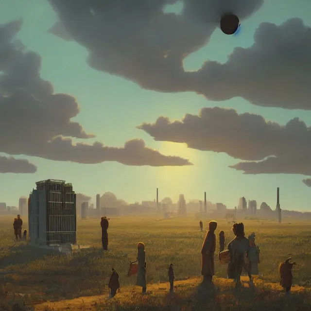 Image similar to An atompunk buildings with the sun shining through the clouds,,in utopia by Simon Stålenhag and Greg Rutkowski,In style of Grant Wood.hyper detailed,8K Resolution,highly realistic.trending on Artstation.oil on canvas