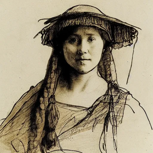 Image similar to materials ink and pen study portrait of a peasant girl by anders zorn, hans holbein the younger, jan van eyck