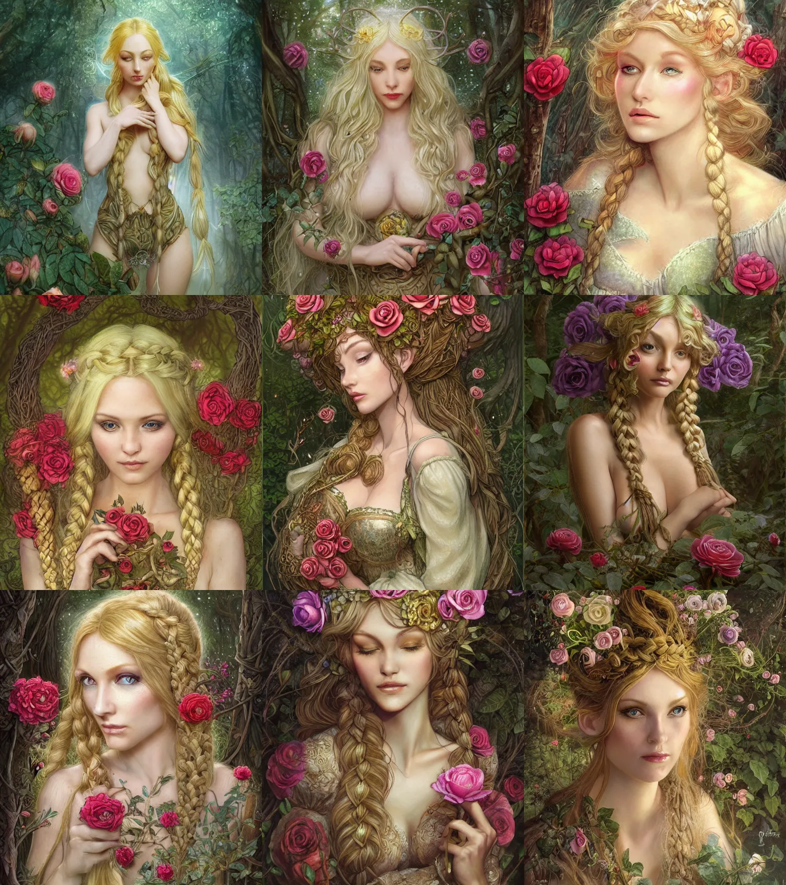 Prompt: beautiful cottagecore blonde plump fey woman, exotic fey features, intricate, braided hair with roses, magical forest, stunning, highly detailed, digital painting, artstation, concept art, smooth, sharp, focus, illustration, art by brian froud and greg rutkowski and rebecca guay