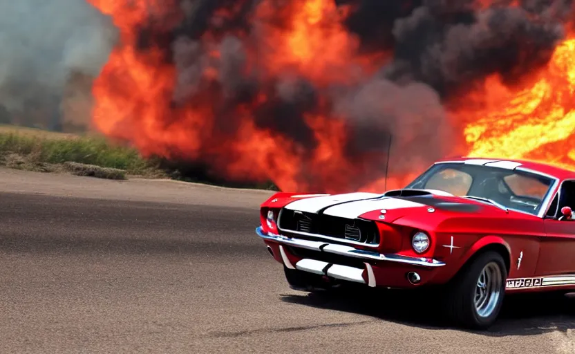 Prompt: a red 1 9 6 8 ford mustang shelby gt 5 0 0 driving high speed, fire explosion in the background, action scen. realistic. high resolution. dramatic