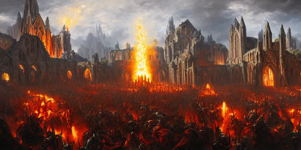 Prompt: highly detailed portrait painting of an ancient gods on hell horses war battle, abbey warhammer battle, old abbey in the background, cathedrals, giant columns, magic blasts by liang xing, 8 k resolution