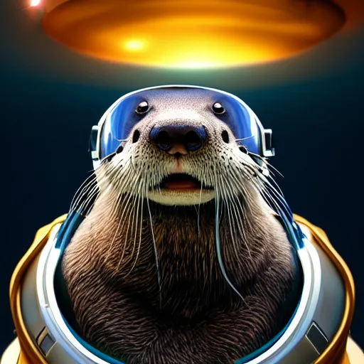 Image similar to a realistic portrait of an otter wearing a space helmet and visor set against a space and nebula background, trending on artstation, ultra detail, photorealistic, fine detail, cgi, zbrush, global illumination, studio lighting