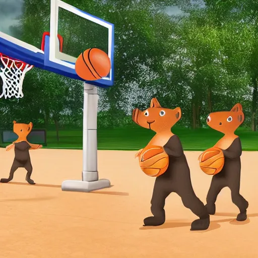 Image similar to three squirrels play basketball in a city park whilst a crowd of vegetables cheer from the side, realistic render