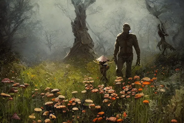 Prompt: surreal painting by craig mullins and greg rutkowski and enki bilal, garden wild flowers + poison mushrooms + long grass + garden dwarfs repairing giant mosquito + mystic fog, 6 0's vintage sci - fi style, rule of third!!!!, cinematic