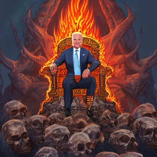 Image similar to Joe Biden sitting on a throne of skulls surrounded by fire, digital painting, highly detailed, trending on Artstation