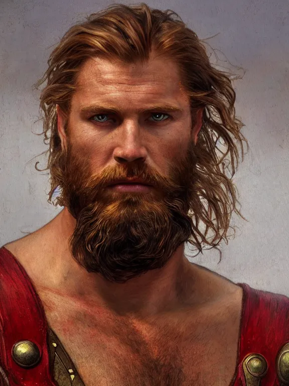 Prompt: painted portrait of rugged thor, god of thunder, norse god, red hair, masculine, mature, handsome, upper body, red and gold, muscular, hairy torso, fantasy, intricate, muscular, elegant, highly detailed, digital painting, artstation, concept art, smooth, sharp focus, illustration, art by gaston bussiere and alphonse mucha