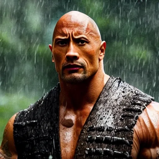 Image similar to Dwayne Johnson as samurai , under rain, dramatic, cinematic, an film still