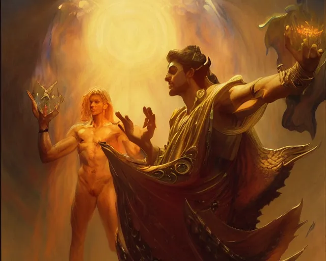 Image similar to attractive male deity, casting demonic magic, summoning handsome lucifer morning star. highly detailed painting by gaston bussiere, craig mullins, j. c. leyendecker 8 k