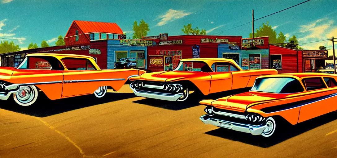 Prompt: concept art of hotrods in a small rural town in middle America in the 1960s, detailed, Americana, golden hour