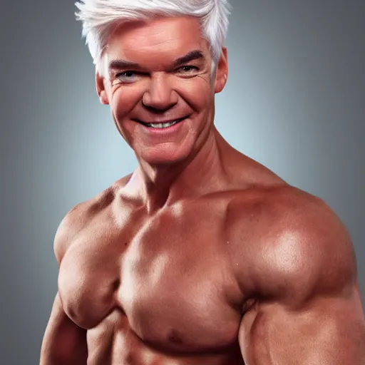 Prompt: Phillip schofield with the physique of a body builder, photorealistic, highly detailed, 4k, eye contact, digital painting,