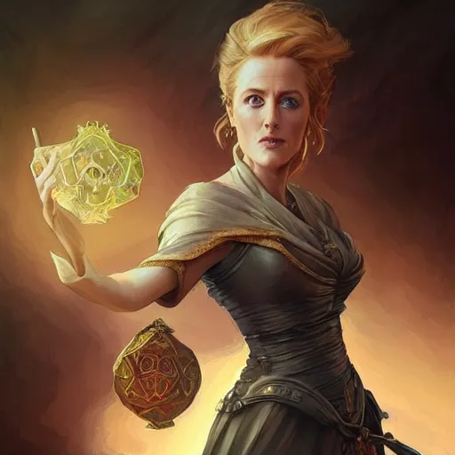 Image similar to gillian anderson, d & d, fantasy, intricate, elegant, highly detailed, digital painting, artstation, concept art, matte, sharp focus, illustration, hearthstone, art by artgerm and greg rutkowski and alphonse mucha