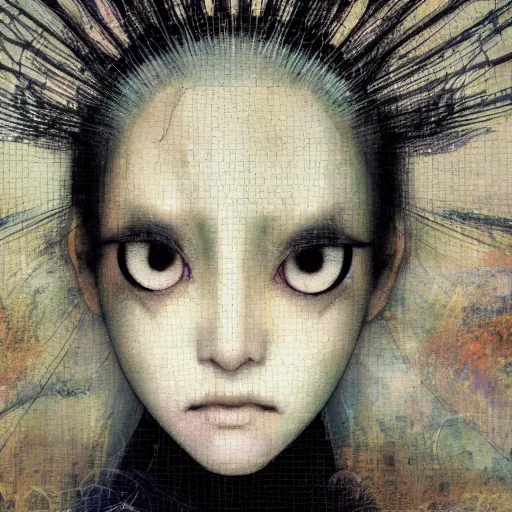 Image similar to yoshitaka amano blurred and dreamy realistic portrait of a woman with black eyes and white hair wearing dress suit with tie, junji ito abstract patterns in the background, satoshi kon anime, noisy film grain effect, highly detailed, renaissance oil painting, weird portrait angle, blurred lost edges, three quarter view