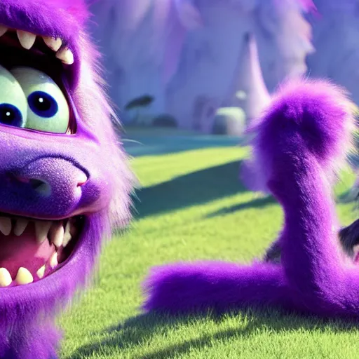 Image similar to a purple fluffy monster, adorable and cute, pixar, octane render, 4k, monster in middle of picture