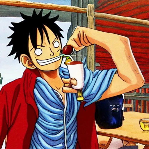 Prompt: Luffy drinking a pastis