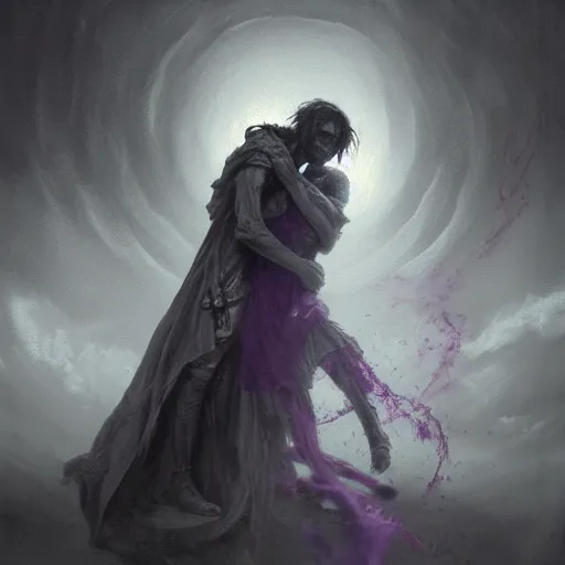 Prompt: two shadows with purple details are kissing in high detail fallout hell with extreme passion and love between them, around them everything is dark, by bossmonsterbani and gustave dore, aleksandra waliszewska, aoi ogata, greg rutkowski and nona limmen, dark dystopian concept art with beautiful cinematic elements