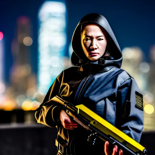 Image similar to photographic portrait of a techwear woman holding a shotgun, holding shotgun down, closeup, on the rooftop of a futuristic city at night, sigma 85mm f/1.4, 4k, depth of field, high resolution, full color, award winning photography, Kill Bill, John Wick, Die Hard, movies with guns, movie firearms