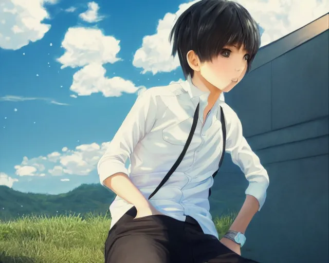 Prompt: teen looking at blue sky, wearing white shirt, cool pose, sharp details, sharp focus, detailed face, illustration, by pine ( ハイネ ) and 薯 子 imoko and 香 川 悠 作 and wlop and maya takamura, highly detailed, trending artstation, pixiv, digital art