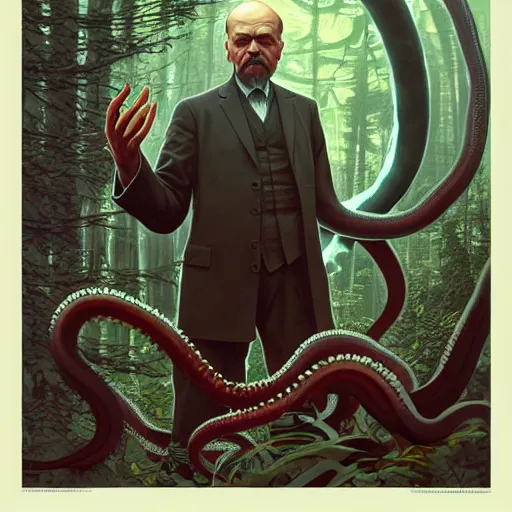 Image similar to photo of vladimir lenin and octopus hybrid with tentacles in the forest, highly detailed, digital painting, artstation, smooth, sharp focus, illustration, art by artgerm and greg rutkowski and alphonse mucha