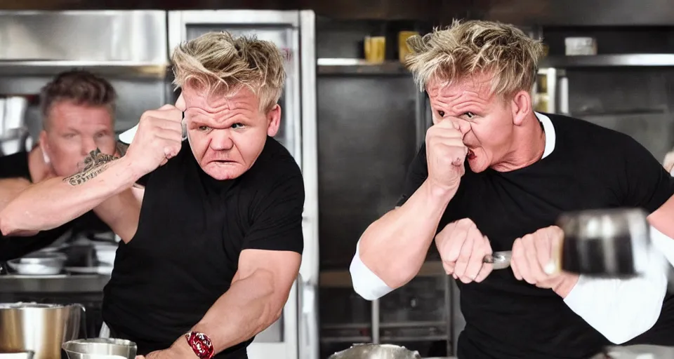 Image similar to photo of angry furious Gordon Ramsay punching Gordon Ramsay at the kitchen