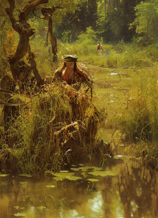 Prompt: a dank swamp with thorny brambles, extremely detailed oil painting, sargent and leyendecker, savrasov levitan polenov, bruce pennington, tim hildebrandt, digital art, landscape painting, trending on artstation, masterpiece