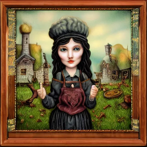 Prompt: the blacksmiths daughter, in the forge, lowbrow in the style of Mark Ryden,