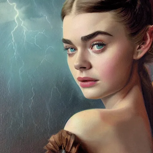 Prompt: ultra realistic portrait painting of elle fanning, lily collins, kim wexler, as an outlaw, art by frank frazetta, vintage levi's ad, stormy weather, dark vibes, 4 k, ultra realistic, highly detailed, epic lighting