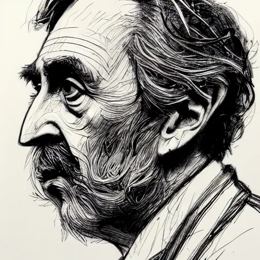 Prompt: a realistic yet scraggly portrait sketch of the side profile of a stern and sophisticated christopher lee, trending on artstation, intricate details, in the style of frank auerbach, in the style of sergio aragones, in the style of martin ansin, in the style of david aja, in the style of mattias adolfsson