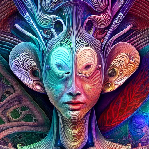 Prompt: Face of an Alien Deity, centered, corals, plume made of geometry, extremely detailed digital painting, sharp focus in the style of android jones, artwork of a futuristic artificial intelligence superstar with frames made of detailed circuitry , mystical colors, rim light, beautiful lighting, 8k, stunning scene, raytracing, octane, under water visual distortion, dark tones colors, trending on artstation