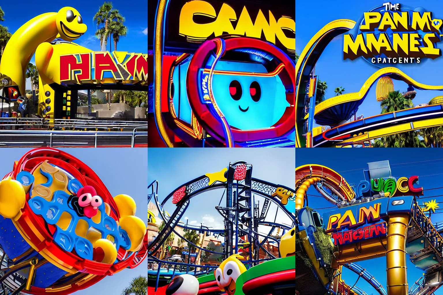 Prompt: The Pac-Man Rollercoaster at Universal Studios is a high-speed thrill ride that takes you through the world of the iconic video game character. You'll race through twists and turns, avoiding ghosts and collecting pellets, all while experiencing the sights and sounds of the classic game, f2.8 50mm