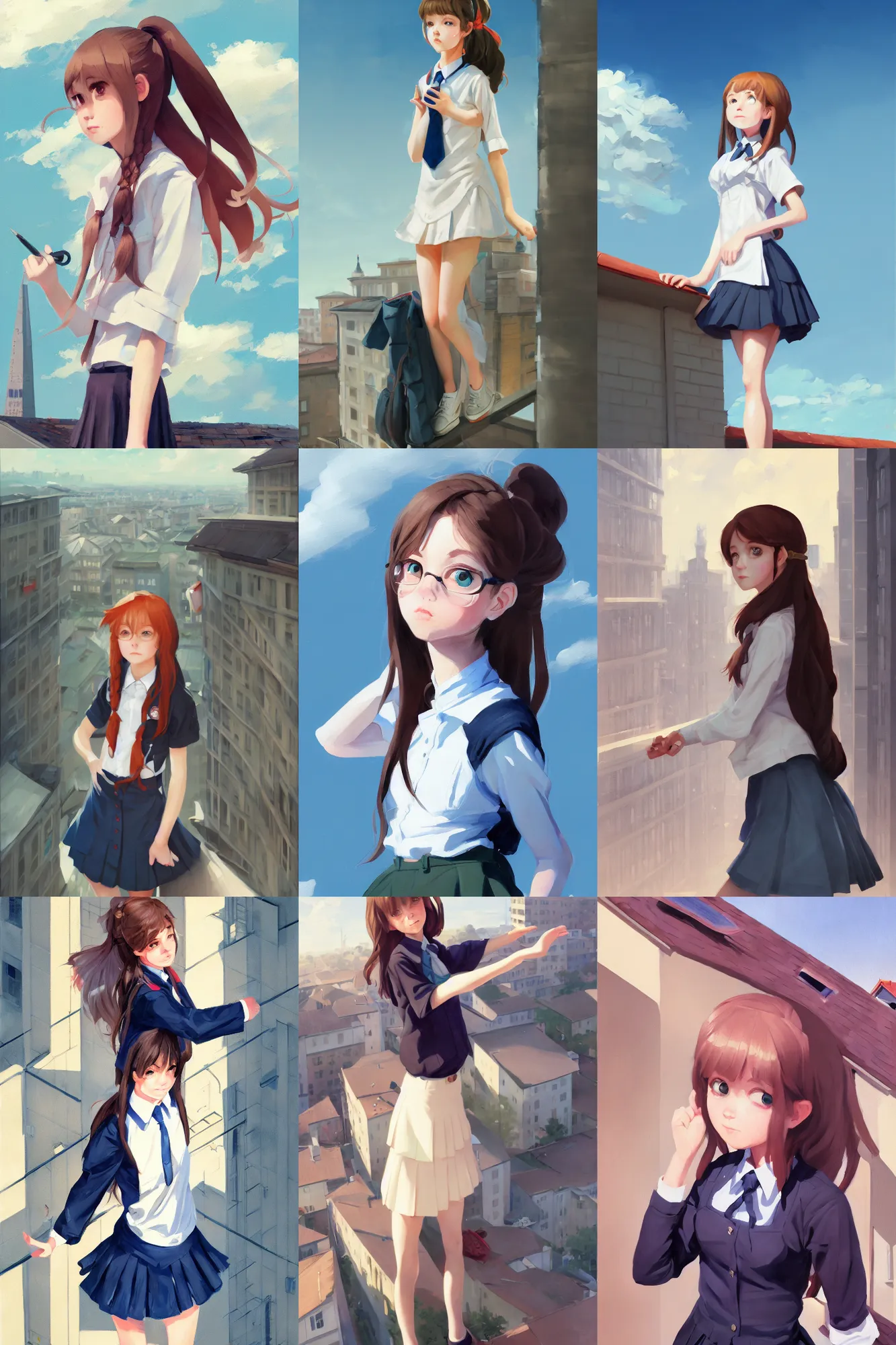 Image similar to gouache of a cute girl wearing school uniform standing on the edge of the roof of a tall building, delicate face, 8 k wallpaper, strong brush stroke, very high detailed, sharp focus, illustration, morandi color scheme, art station, by krenz cushart