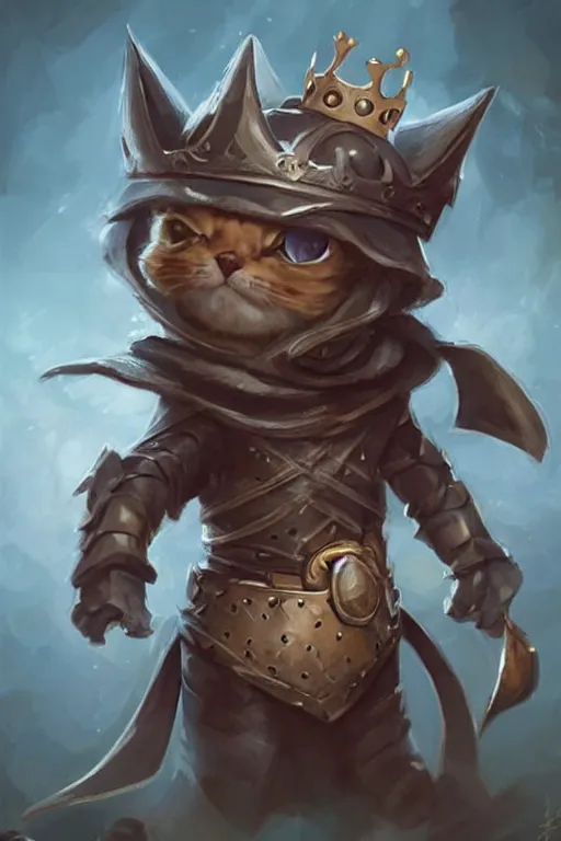 Image similar to cute little anthropomorphic cat knight wearing a cape and a crown, tiny, small, miniature cat , baby animal, short, pale blue armor, cute and adorable, pretty, beautiful, DnD character art portrait, matte fantasy painting, DeviantArt Artstation, by Jason Felix by Steve Argyle by Tyler Jacobson by Peter Mohrbacher, cinematic lighting