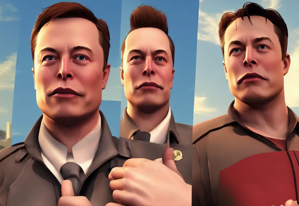 Image similar to elon musk in team fortress 2, elon musk in the video game team fortress, gameplay screenshot, close up, 3 d rendering. unreal engine. amazing likeness. very detailed.